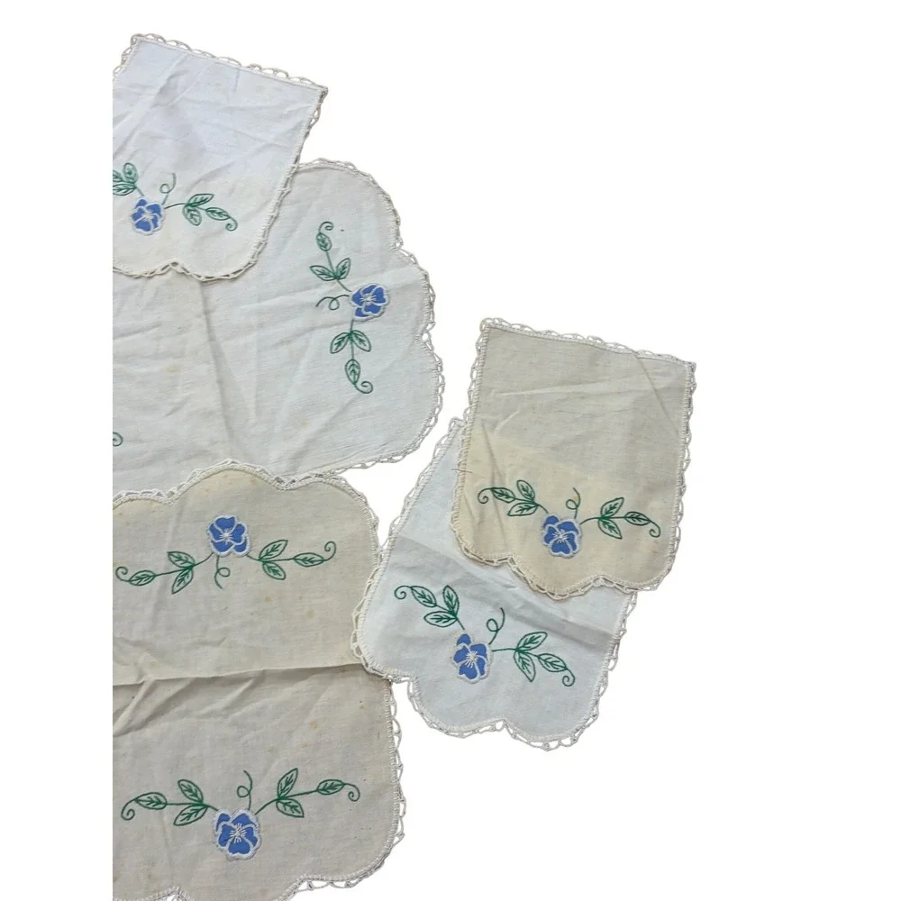 Vintage Hand Embroidered Linen Dresser Scarf Doily Set Blue Pansy Floral 8pc